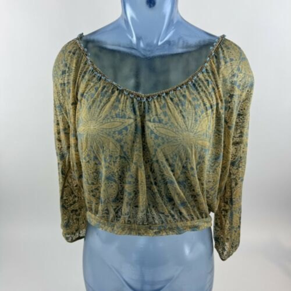 Free People Women’s M Sheer Crop Top Beaded Gold Blue Long Sleeve Boho Blouse